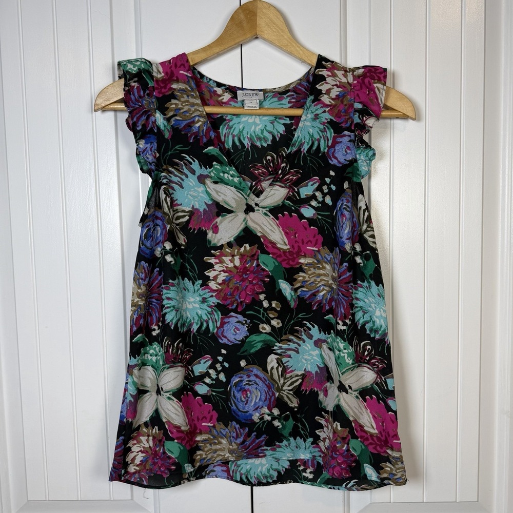 J Crew Tank‎ Top Women's Size 10 Sleeveless Ruffle Top Blouse Floral Multi Green